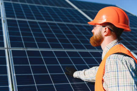 Male worker in hard hat and vest installing solar panels, promoting sustainable green energy...