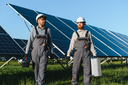 Two engineers walking through a solar energy plant, carrying tools and collaborating on maintenance...
