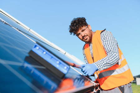 Worker in safety gear using tools to install solar panels under a clear blue sky, highlighting...