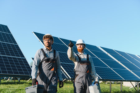 Two walking engineers and working in a solar power station carrying tools and wearing hardhats