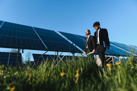 Two businessmen walking and inspecting a solar panel farm, discussing renewable energy and...
