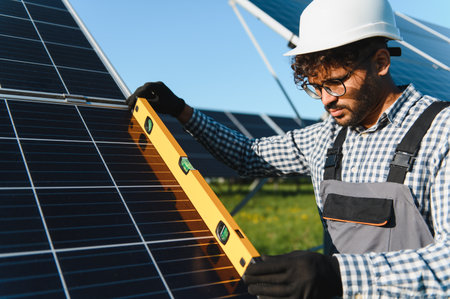 Worker in protective gear using a level tool to install solar panels, emphasizing renewable energy...
