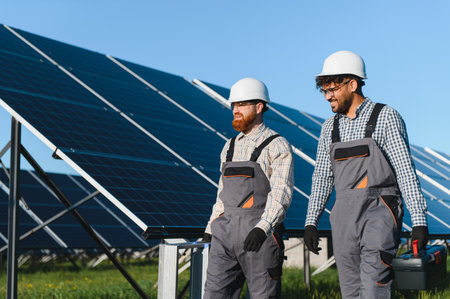 Two multi ethnic engineers walking through a solar energy plant, carrying tools and working on...