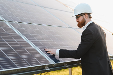 Investor dressed in a suit and hardhat inspecting solar panels at a solar farm, assessing renewable...