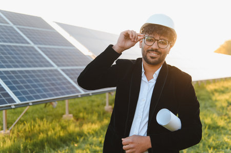 Arab businessman in a suit and hardhat holds blueprints while inspecting a solar panel installation,...