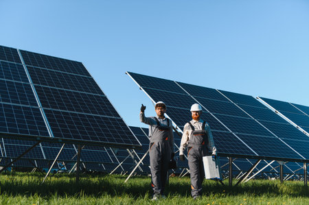 Two walking engineers and carrying tools in a solar power station while installing or repairing...