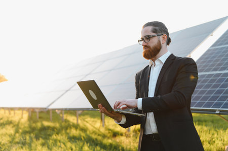 Businessman using laptop, inspecting solar panels in a green field, working on renewable energy...