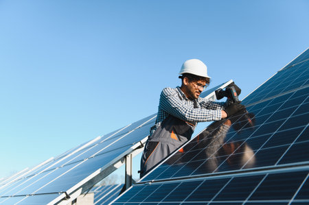 Engineer uses a power tool while installing solar panels in a solar power station, contributing to...