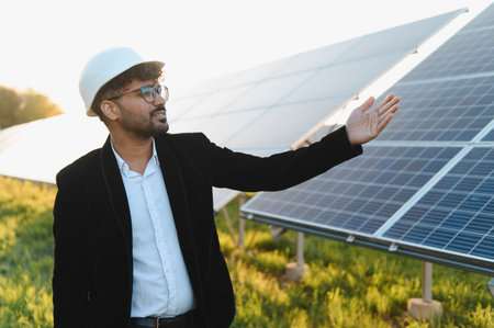 Indian engineer wearing a hardhat, presenting a solar panel farm bathed in the warm glow of sunset,...