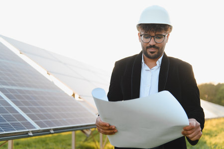 Indian engineer wearing hardhat and analyzing blueprint while standing in a solar energy plant