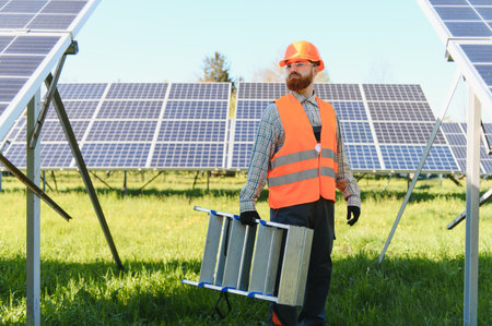 Engineer carrying a ladder walking in a solar power station, performing maintenance and installation...