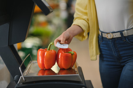 Customer weighing fresh produce on a scale at grocery store, choosing healthy ingredients for meal...