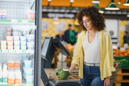 Young woman weighing fresh broccoli on electronic scale in grocery store, making healthy food...