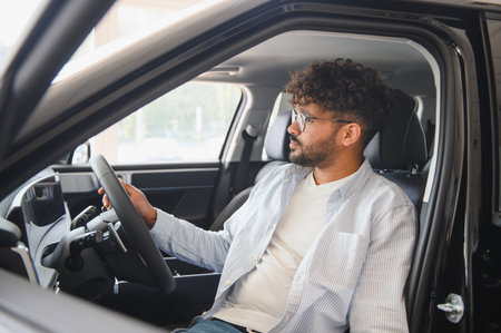 Young man testing a new car in a dealership, holding the steering wheel and checking the vehicle