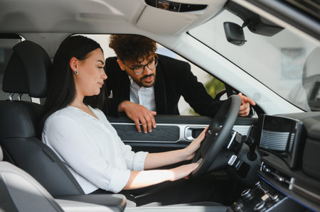 Salesman explaining car features to a female customer sitting in the driver's seat at a car...