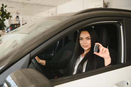 Businesswoman showing new car key while sitting inside vehicle at dealership, buying process of new...