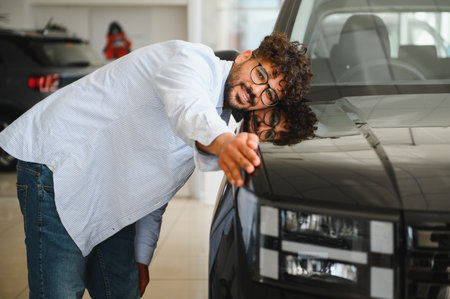 Excited man tenderly embracing his new black car, celebrating his purchase in an auto showroom