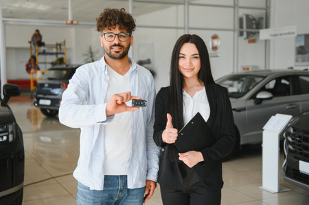 Customer proudly displaying new car key while saleswoman enthusiastically gesturing thumbs up in...