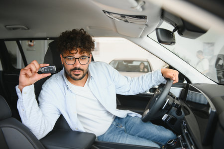 Happy arab man showing new car key while sitting in driver's seat, buying a new car in dealership