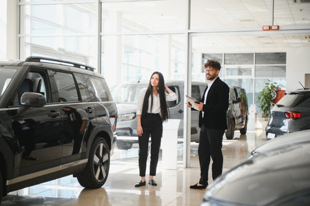 Salesman presenting a tablet while showcasing a new SUV to a female customer in a modern car dealership showroom, facilitating the buying process