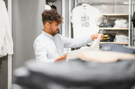Stylish arab man thoughtfully examining various clothing items while shopping in a modern fashion...