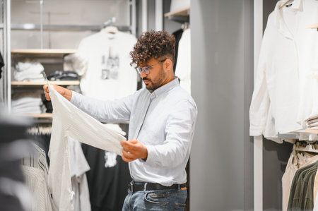 Elegant arab man examining a shirt while shopping in a clothing store, enjoying his purchasing power