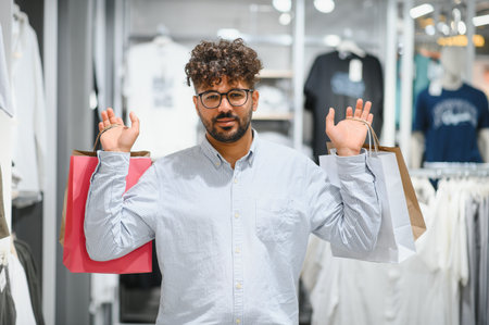 Young arab man happily holding shopping bags, enjoying a delightful experience while purchasing...