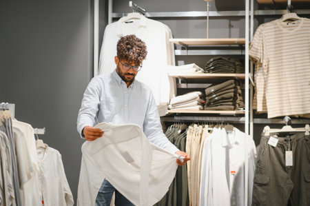 Young arab man examining a shirt while shopping in a clothing store, surrounded by various garments on displayの写真素材