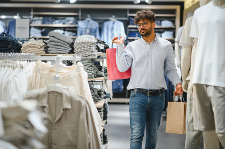 Arab man walks through a clothing store carrying shopping bags, browsing the latest fashion trendsの写真素材