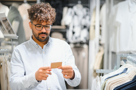 Focused arab man checking discount card, enjoying shopping in modern clothing store, making purchase decisionsの写真素材
