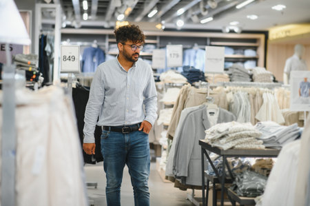 Young arab man browsing through a clothing store, searching for stylish garments that reflect his...