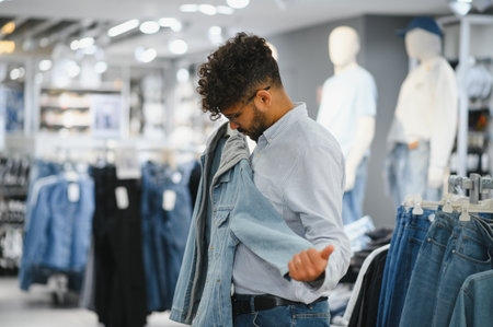Young fashionable arab man selecting a stylish denim jacket while browsing through a modern clothing store, enjoying a relaxed shopping experienceの写真素材