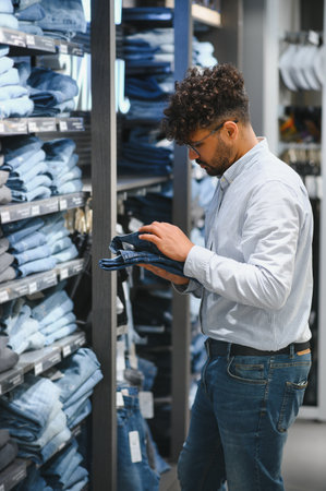Customer selecting a stylish pair of jeans while browsing through a modern clothing store, enjoying...