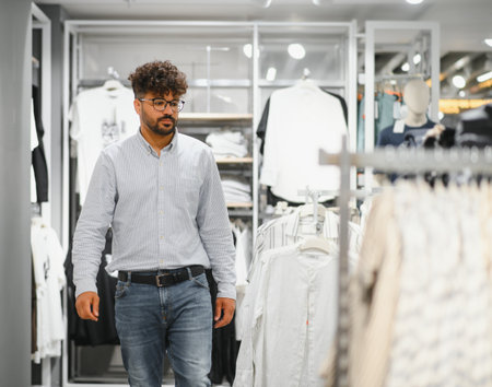 Stylish arab man walking through a clothing store, browsing through a variety of fashionable...