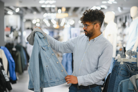 Bearded man choosing clothes in fashion store, holding denim jacket on hanger, shopping in mall