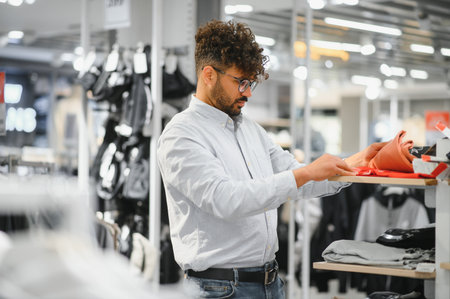 Arab man is shopping for clothes in a modern fashion store, carefully examining items on displayの写真素材