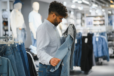 Elegant arab customer choosing a denim jacket in a clothing store, enjoying shopping and discountsの写真素材