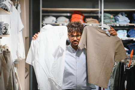 Young arab man comparing two shirts while shopping in a clothing store, enjoying his retail therapy experienceの写真素材