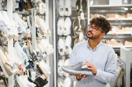 Stylish arab man choosing running shoes in a shoe store, looking at the wide assortment on the shelvesの写真素材