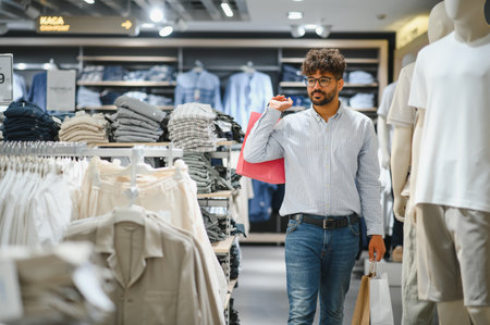 Arab man is carrying shopping bags while walking through a clothing store, enjoying his retail...
