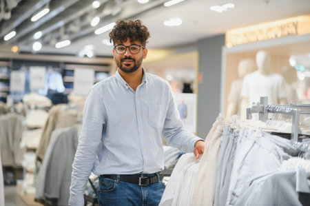 Stylish man selecting a shirt in a clothing store, enjoying a delightful shopping experience in a...