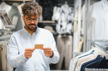 Bearded man reading a discount card while shopping for trendy clothes in a modern mall, browsing...