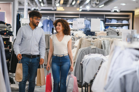 Smiling couple walking hand in hand through a vibrant clothing store, carrying colorful shopping bags filled with stylish purchasesの写真素材