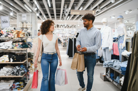 Young fashionable couple walking through clothing store carrying shopping bags, enjoying weekend...
