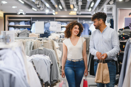 Smiling couple walking through clothing store carrying shopping bags, enjoying their shopping...