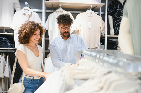 Smiling couple browsing through clothing racks in a vibrant fashion store, enjoying their time together while selecting stylish outfitsの写真素材