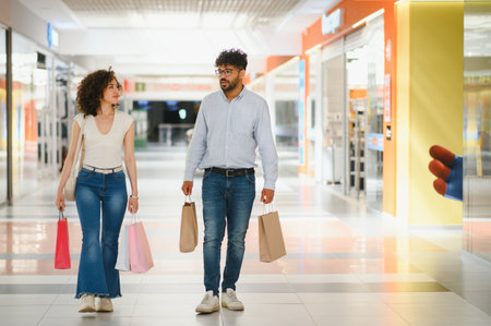 Young arab couple walking through a mall, happily carrying shopping bags and enjoying a delightful...