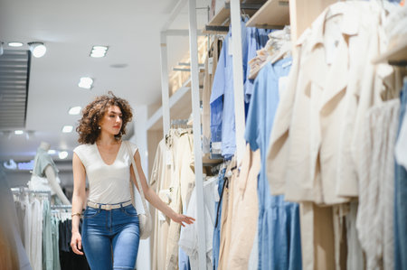Young woman browsing through a stylish fashion store, selecting and trying on various trendy clothes...