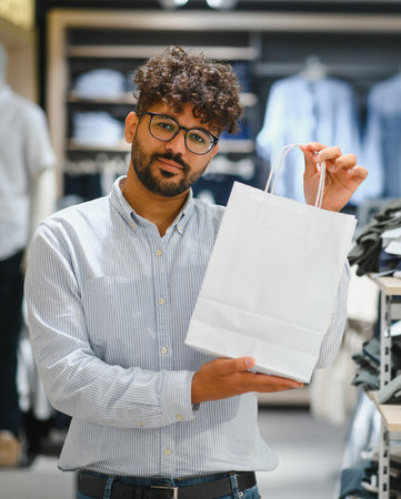 Elegant arab man holding a shopping bag while shopping in a modern clothing store, enjoying retail therapy and fashion findsの写真素材
