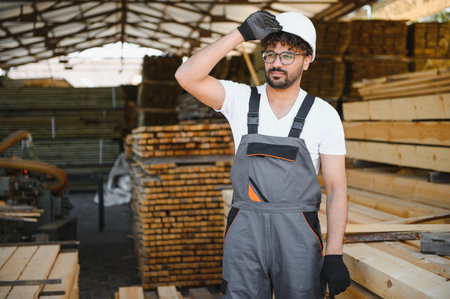 Tired carpenter adjusting his hardhat while working in a lumber warehouse, surrounded by stacks of...